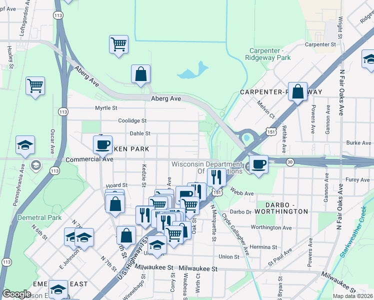 map of restaurants, bars, coffee shops, grocery stores, and more near 2829 Moland Street in Madison