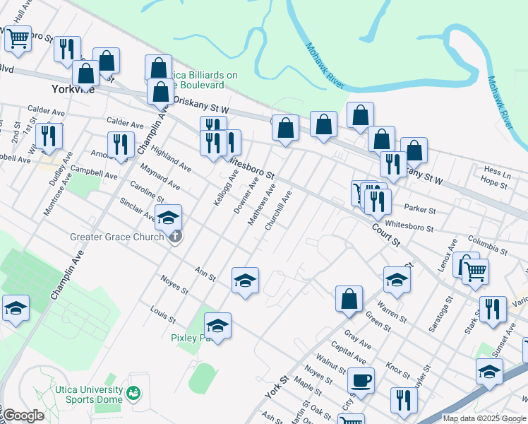 map of restaurants, bars, coffee shops, grocery stores, and more near 1002 Churchill Avenue in Utica