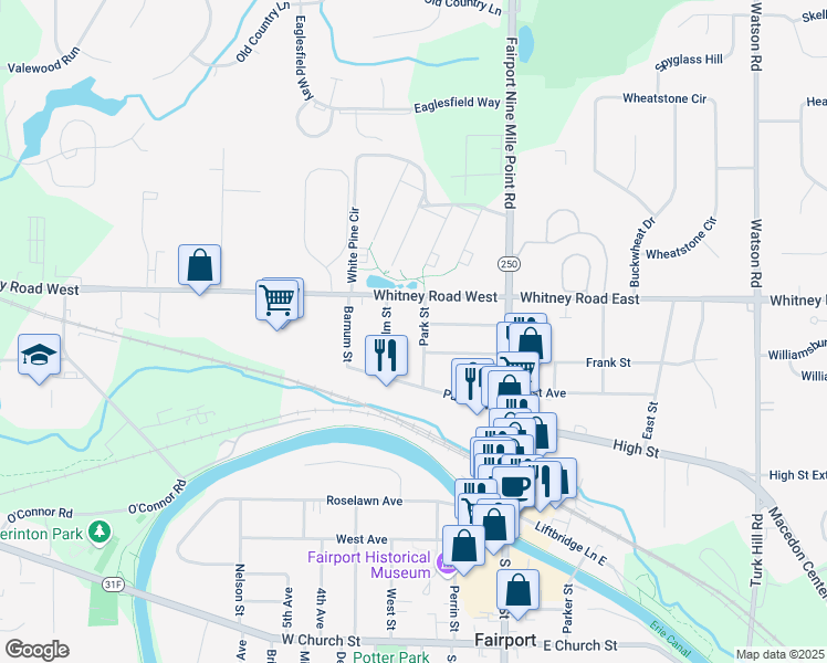 map of restaurants, bars, coffee shops, grocery stores, and more near 38 Deland Park A in Fairport