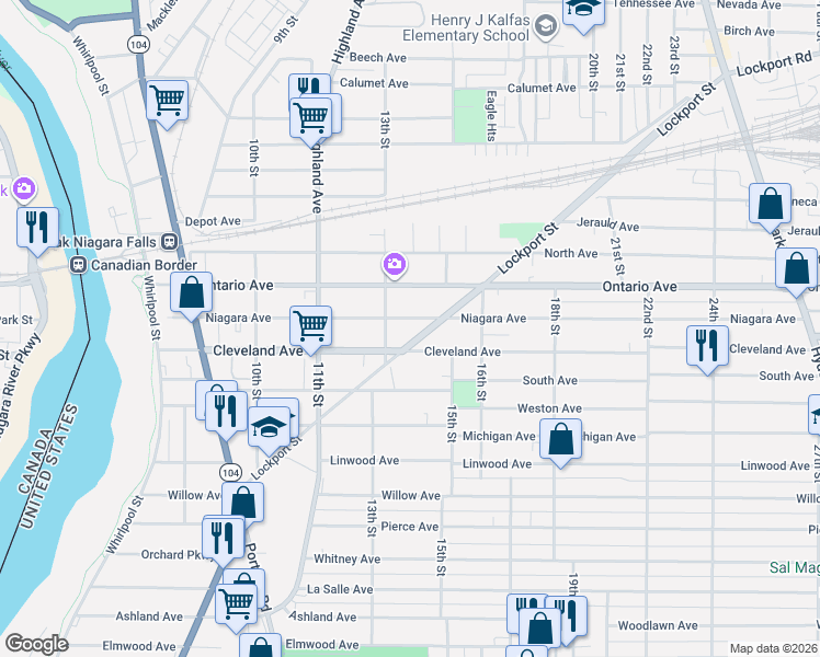 map of restaurants, bars, coffee shops, grocery stores, and more near 2010 New York 182 in Niagara Falls