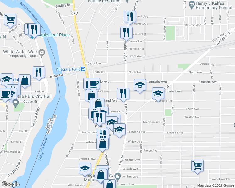 map of restaurants, bars, coffee shops, grocery stores, and more near 1036 Cleveland Avenue in Niagara Falls