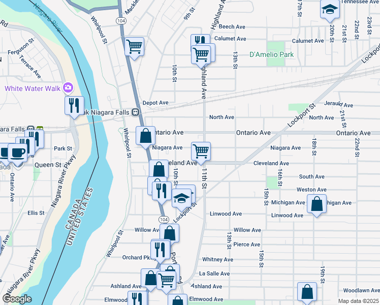 map of restaurants, bars, coffee shops, grocery stores, and more near 1036 Cleveland Avenue in Niagara Falls