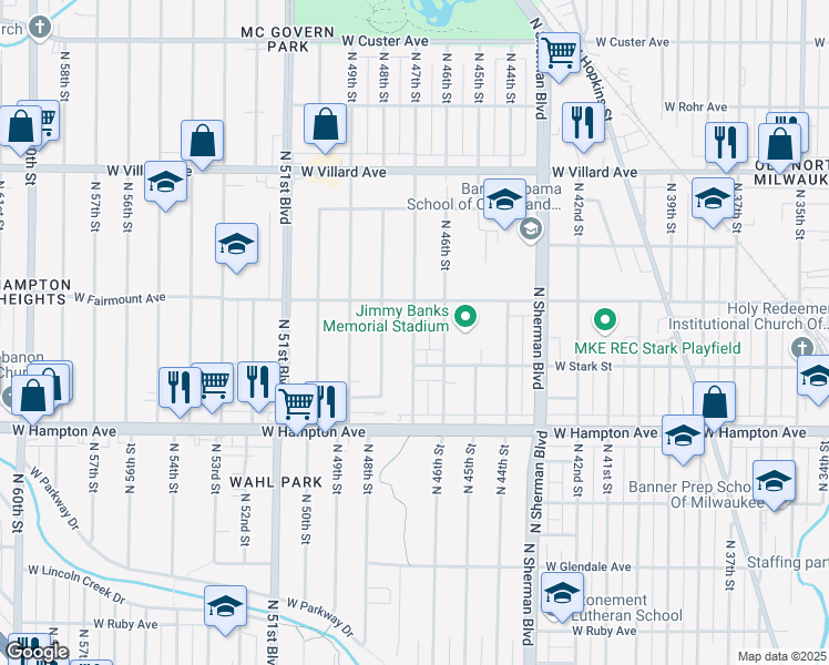 map of restaurants, bars, coffee shops, grocery stores, and more near 4917 North 47th Street in Milwaukee