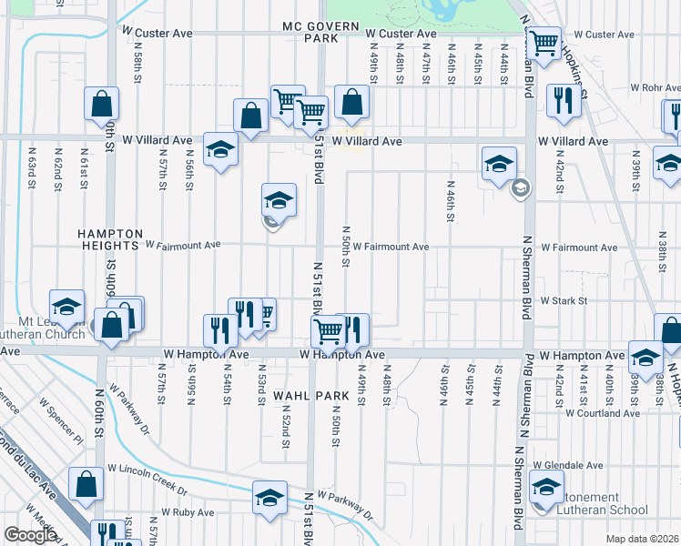 map of restaurants, bars, coffee shops, grocery stores, and more near 4914 North 50th Street in Milwaukee
