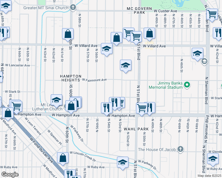 map of restaurants, bars, coffee shops, grocery stores, and more near 4916 North 55th Street in Milwaukee