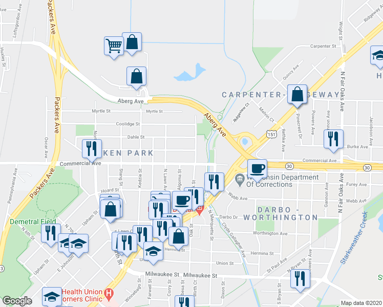 map of restaurants, bars, coffee shops, grocery stores, and more near 2860 Commercial Avenue in Madison