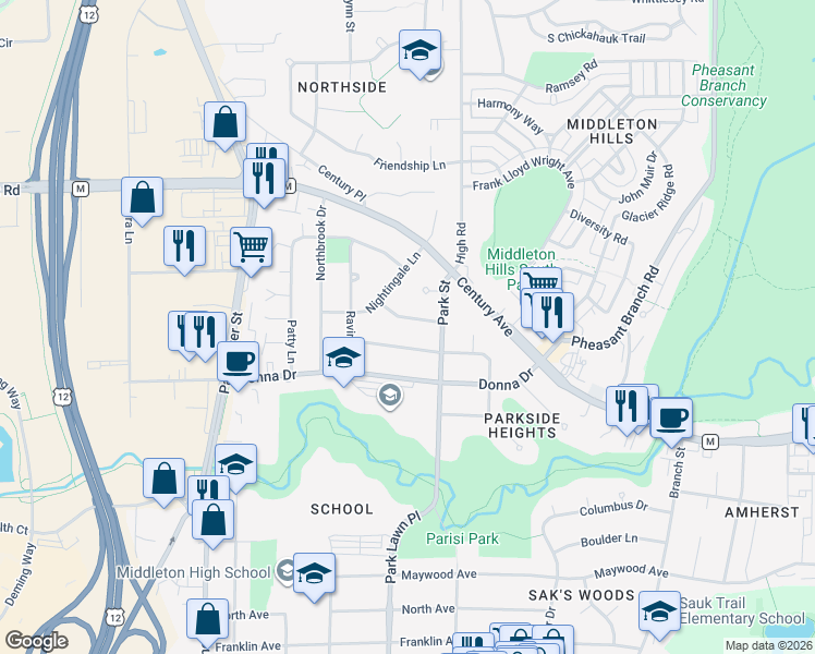 map of restaurants, bars, coffee shops, grocery stores, and more near 7014 Prairie Drive in Middleton