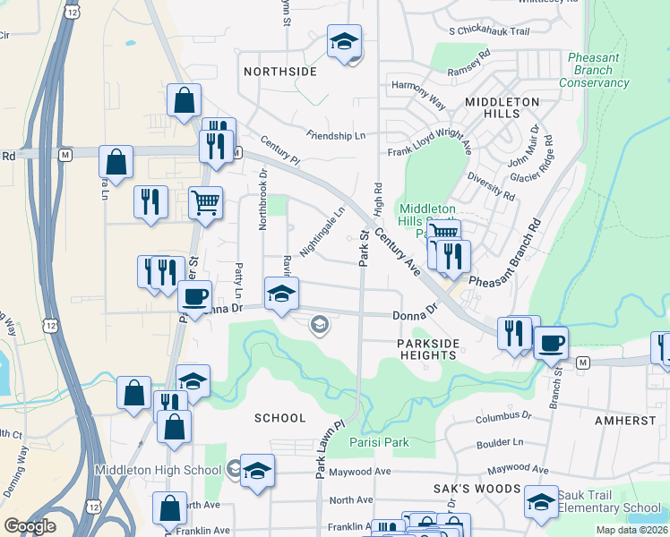 map of restaurants, bars, coffee shops, grocery stores, and more near 7014 Prairie Drive in Middleton