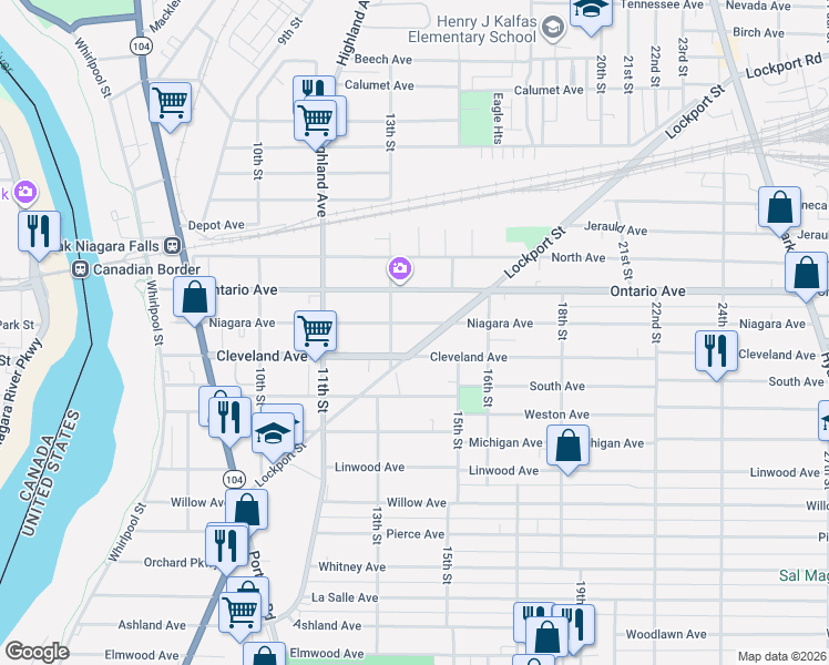 map of restaurants, bars, coffee shops, grocery stores, and more near 2010 New York 182 in Niagara Falls