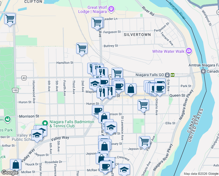 map of restaurants, bars, coffee shops, grocery stores, and more near in Niagara Falls