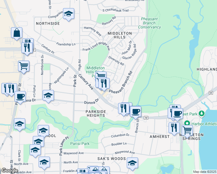 map of restaurants, bars, coffee shops, grocery stores, and more near 6730 Frank Lloyd Wright Avenue in Middleton