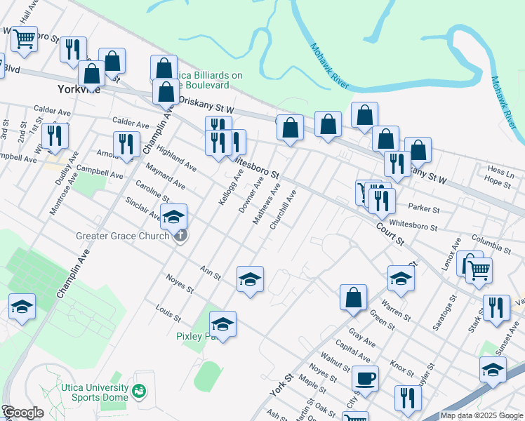map of restaurants, bars, coffee shops, grocery stores, and more near Mathews Avenue & Highland Avenue in Utica