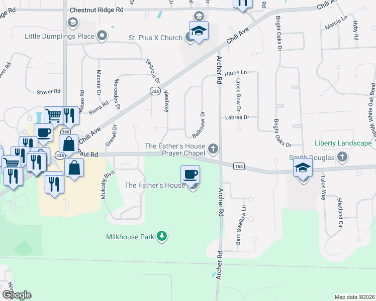 map of restaurants, bars, coffee shops, grocery stores, and more near 700 Paul Road in Rochester