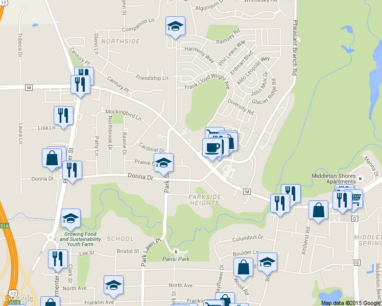 map of restaurants, bars, coffee shops, grocery stores, and more near 6821 Century Avenue in Middleton