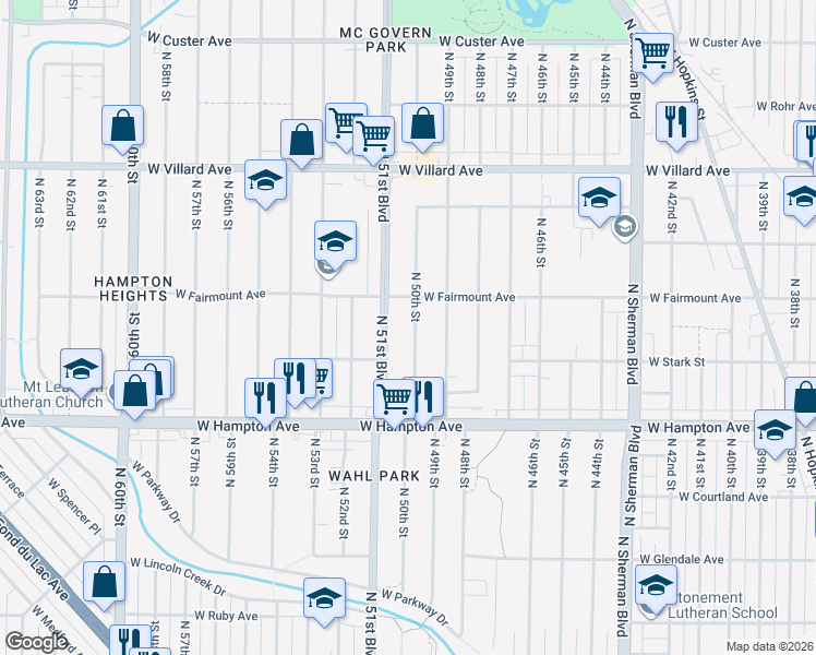 map of restaurants, bars, coffee shops, grocery stores, and more near 4914 North 50th Street in Milwaukee