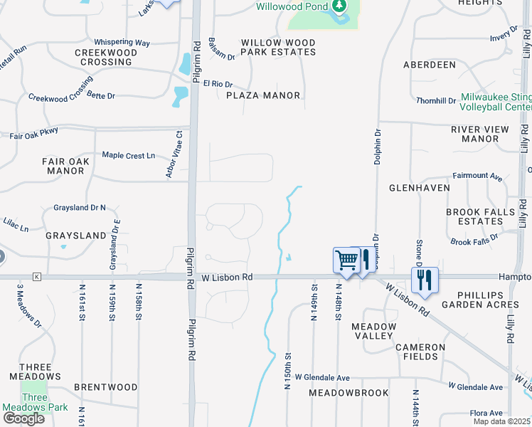 map of restaurants, bars, coffee shops, grocery stores, and more near W152N4960 Orchid Circle in Menomonee Falls