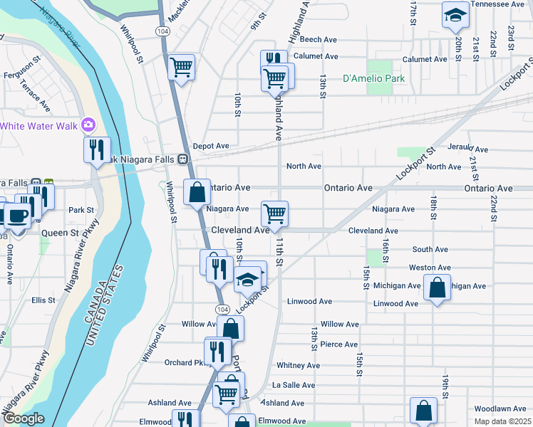 map of restaurants, bars, coffee shops, grocery stores, and more near 1036 Cleveland Avenue in Niagara Falls