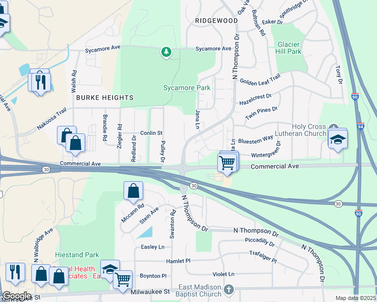 map of restaurants, bars, coffee shops, grocery stores, and more near 709 North Thompson Drive in Madison
