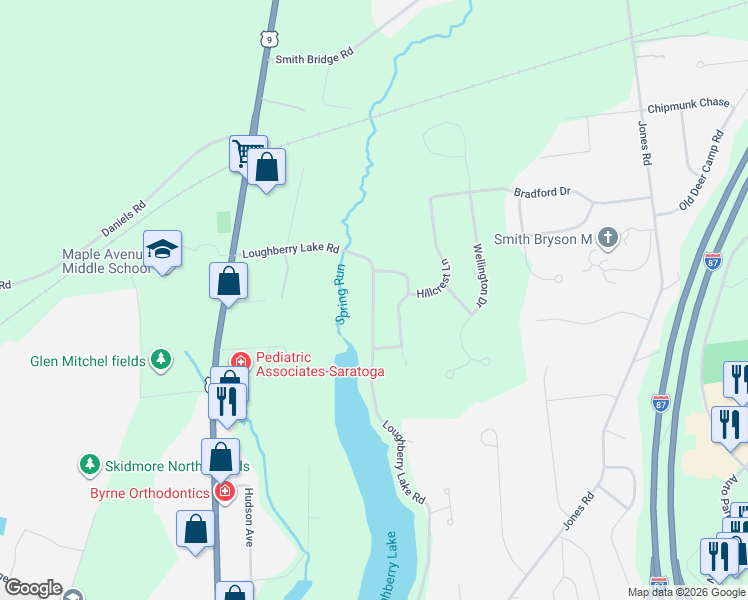 map of restaurants, bars, coffee shops, grocery stores, and more near 69 Loughberry Lake Road in Saratoga Springs