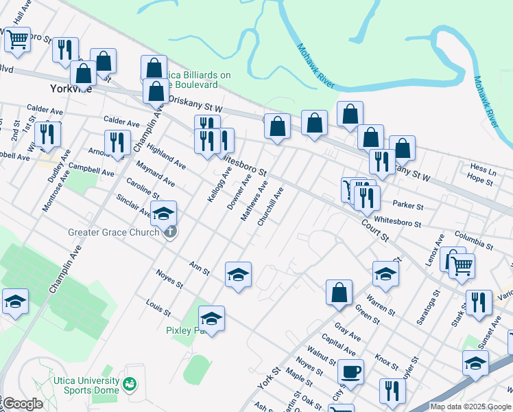 map of restaurants, bars, coffee shops, grocery stores, and more near 1002 Churchill Avenue in Utica