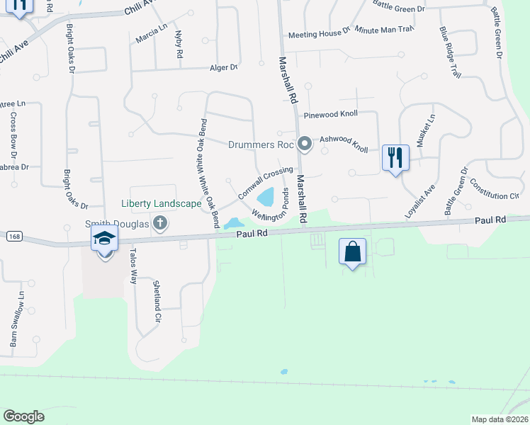 map of restaurants, bars, coffee shops, grocery stores, and more near 27 Wellington Ponds in Rochester