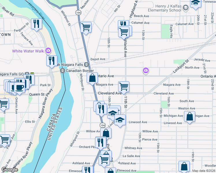 map of restaurants, bars, coffee shops, grocery stores, and more near 2006 10th Street in Niagara Falls
