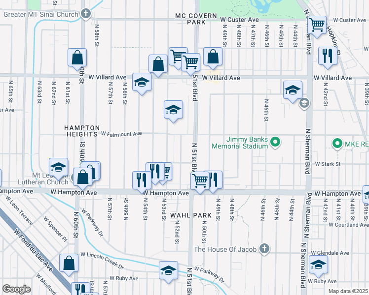 map of restaurants, bars, coffee shops, grocery stores, and more near 4919 North 52nd Street in Milwaukee