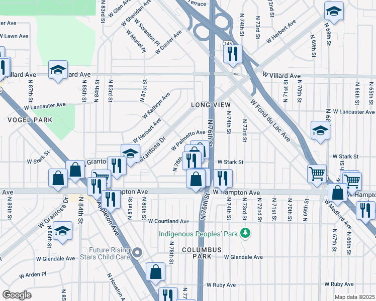 map of restaurants, bars, coffee shops, grocery stores, and more near 7721 West Gertrude Drive in Milwaukee