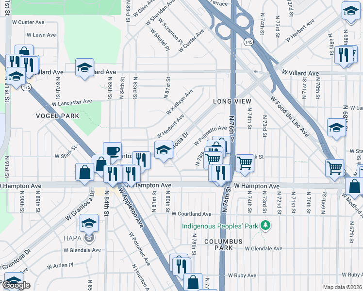 map of restaurants, bars, coffee shops, grocery stores, and more near 7902 West Palmetto Avenue in Milwaukee