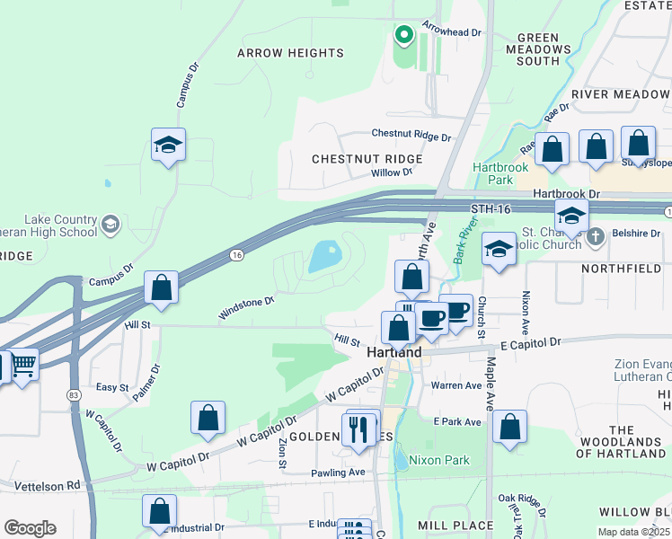 map of restaurants, bars, coffee shops, grocery stores, and more near 292 Lakeview Drive in Hartland