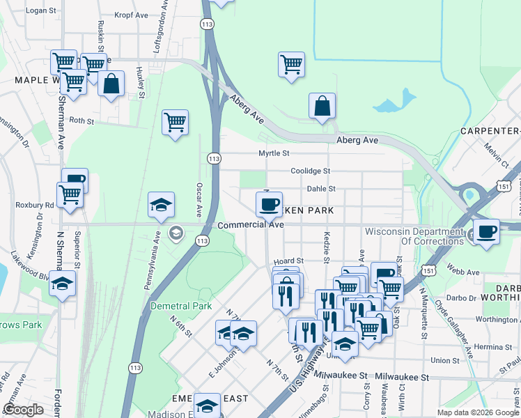 map of restaurants, bars, coffee shops, grocery stores, and more near 2452 Commercial Avenue in Madison