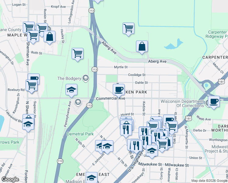 map of restaurants, bars, coffee shops, grocery stores, and more near 2452 Commercial Avenue in Madison