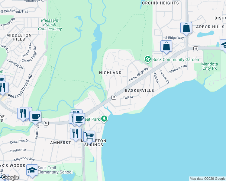 map of restaurants, bars, coffee shops, grocery stores, and more near 3215 Creekview Drive in Middleton