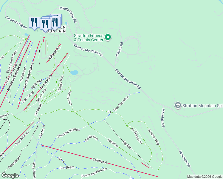 map of restaurants, bars, coffee shops, grocery stores, and more near 3B Balsam Corner in Stratton