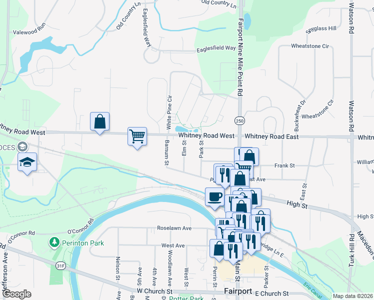 map of restaurants, bars, coffee shops, grocery stores, and more near 16 Elm Street in Fairport