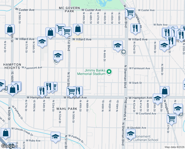 map of restaurants, bars, coffee shops, grocery stores, and more near 4917 North 47th Street in Milwaukee