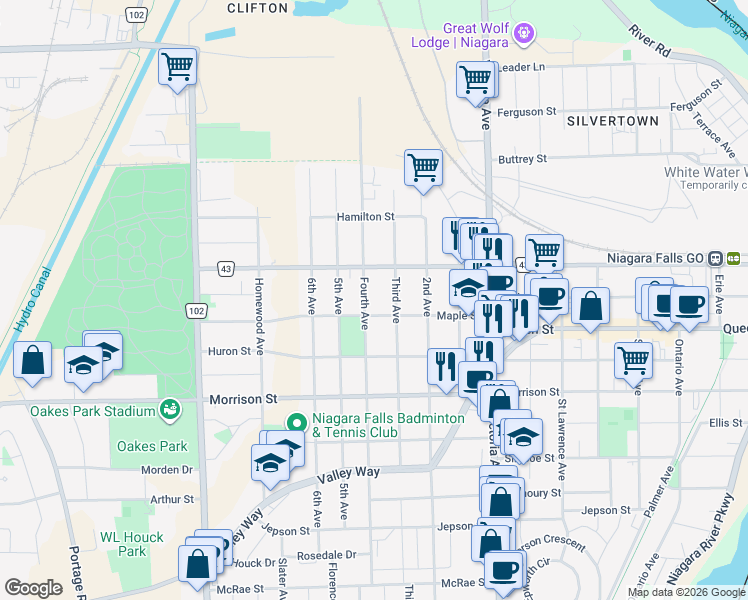map of restaurants, bars, coffee shops, grocery stores, and more near 4623 Fourth Avenue in Niagara Falls