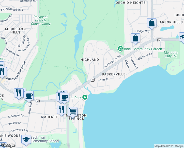 map of restaurants, bars, coffee shops, grocery stores, and more near 3215 Creekview Drive in Middleton