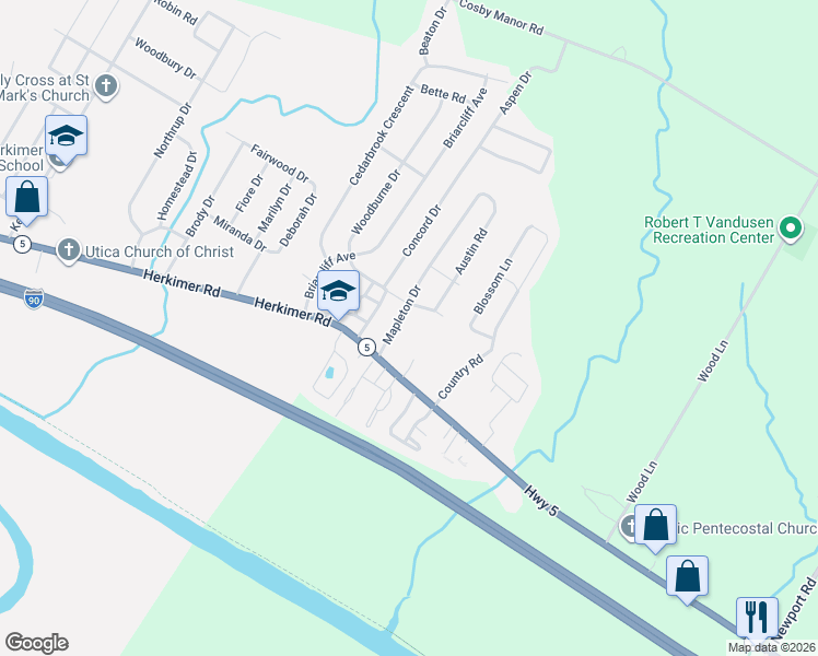 map of restaurants, bars, coffee shops, grocery stores, and more near 2045 New York 5 in Utica