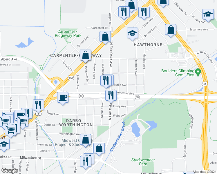 map of restaurants, bars, coffee shops, grocery stores, and more near 626 North Fair Oaks Avenue in Madison