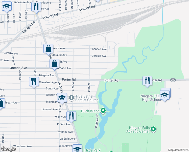 map of restaurants, bars, coffee shops, grocery stores, and more near 3231 New York 182 in Niagara Falls