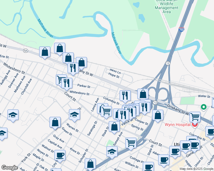 map of restaurants, bars, coffee shops, grocery stores, and more near 1 Saratoga Street in Utica
