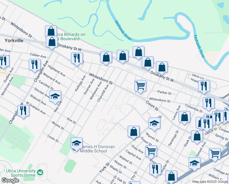 map of restaurants, bars, coffee shops, grocery stores, and more near 919 Cherry Street in Utica
