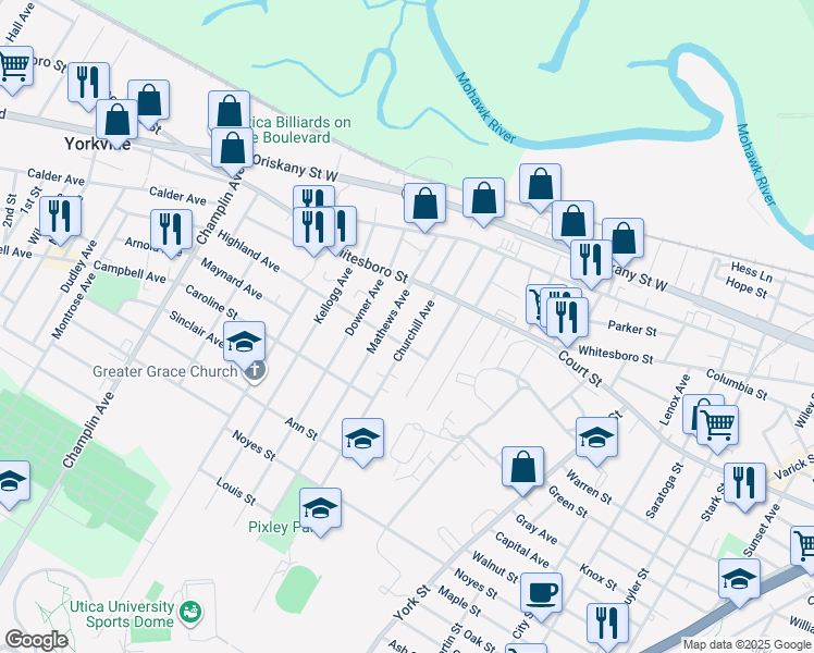 map of restaurants, bars, coffee shops, grocery stores, and more near 1002 Churchill Avenue in Utica