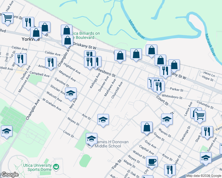 map of restaurants, bars, coffee shops, grocery stores, and more near 1002 Churchill Avenue in Utica