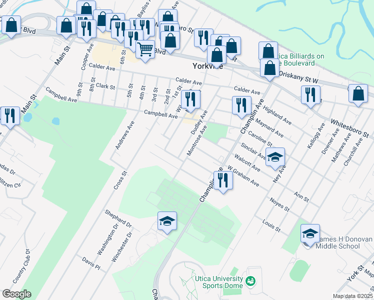 map of restaurants, bars, coffee shops, grocery stores, and more near 2 Lincoln Avenue in Yorkville