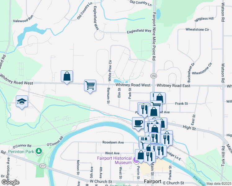 map of restaurants, bars, coffee shops, grocery stores, and more near 16 Elm Street in Fairport