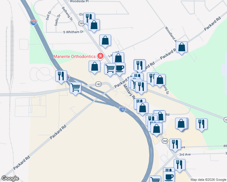 map of restaurants, bars, coffee shops, grocery stores, and more near 2590 Military Road in Niagara Falls