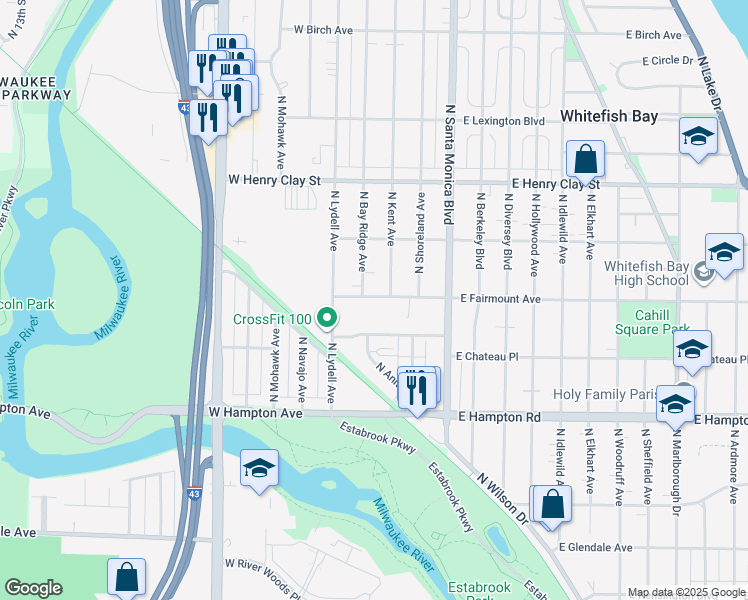 map of restaurants, bars, coffee shops, grocery stores, and more near 108 East Chateau Place in Whitefish Bay