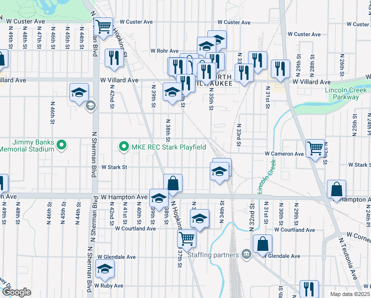 map of restaurants, bars, coffee shops, grocery stores, and more near 4926 North 37th Street in Milwaukee